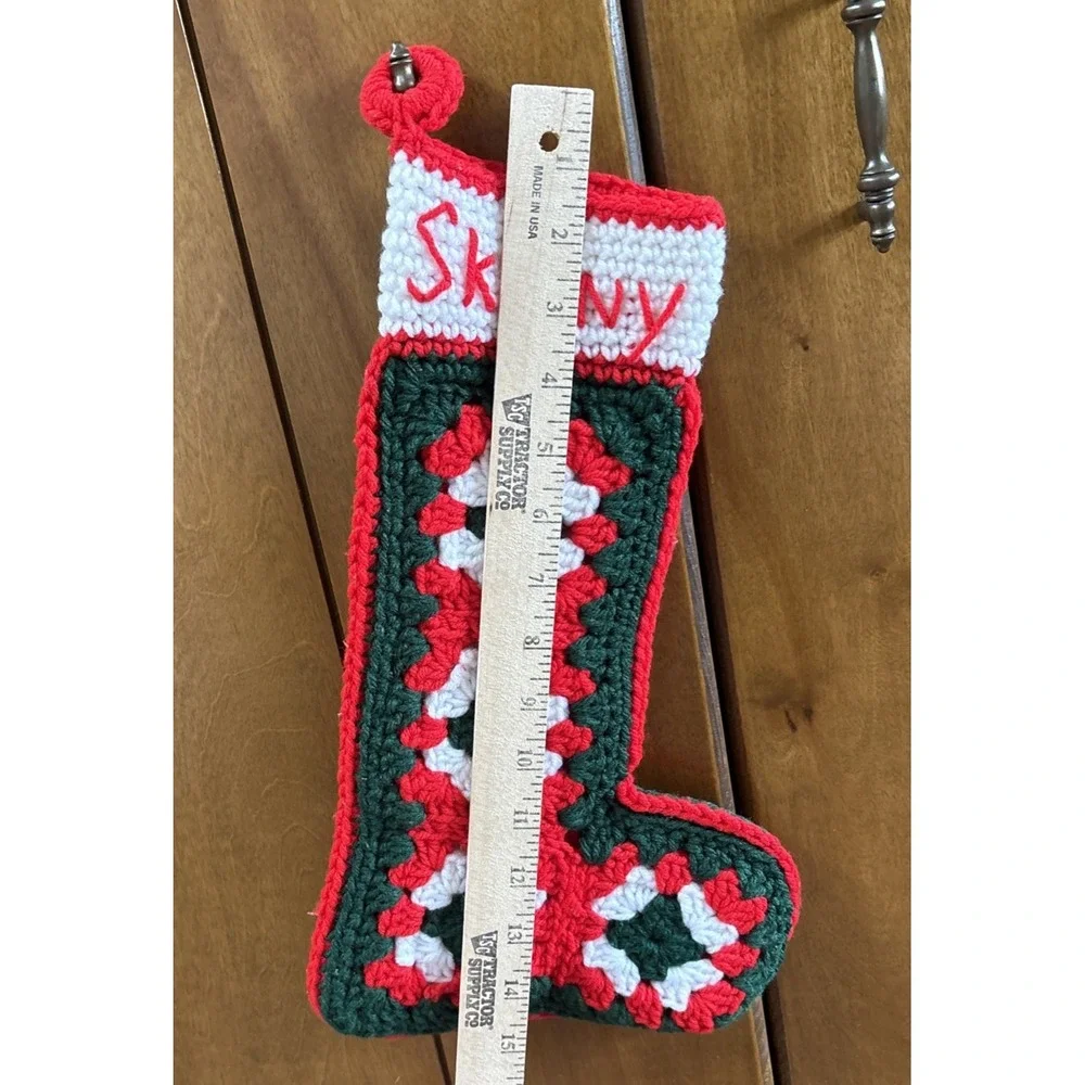 Vintage Hand Crocheted Chunky Knit Granny Squares Christmas Stocking SKINNY